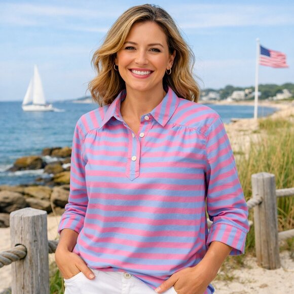 Vineyard Vines Tops - Vineyard Vines Collar Henley Shirt Blouse Womens 2 Pink Magenta Stripe Coast